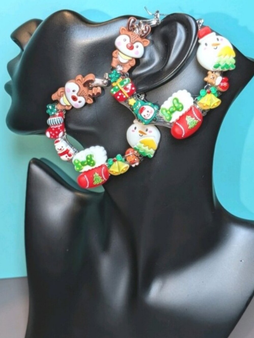 Hand Crafted Festive Holiday Charm Hoop Earrings - Red, Green, White, Yellow